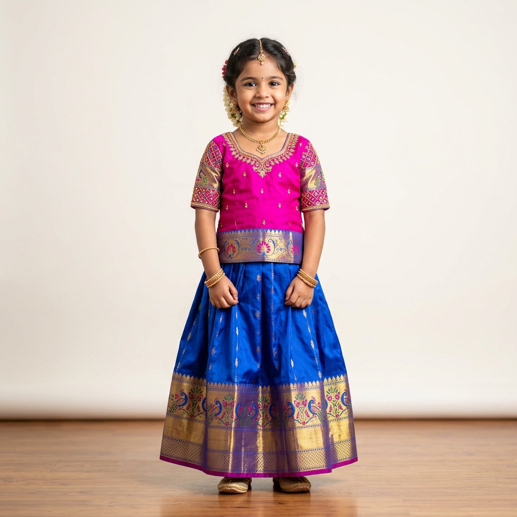 Stitched Girls' Traditional Pattu Pavadai Lehenga